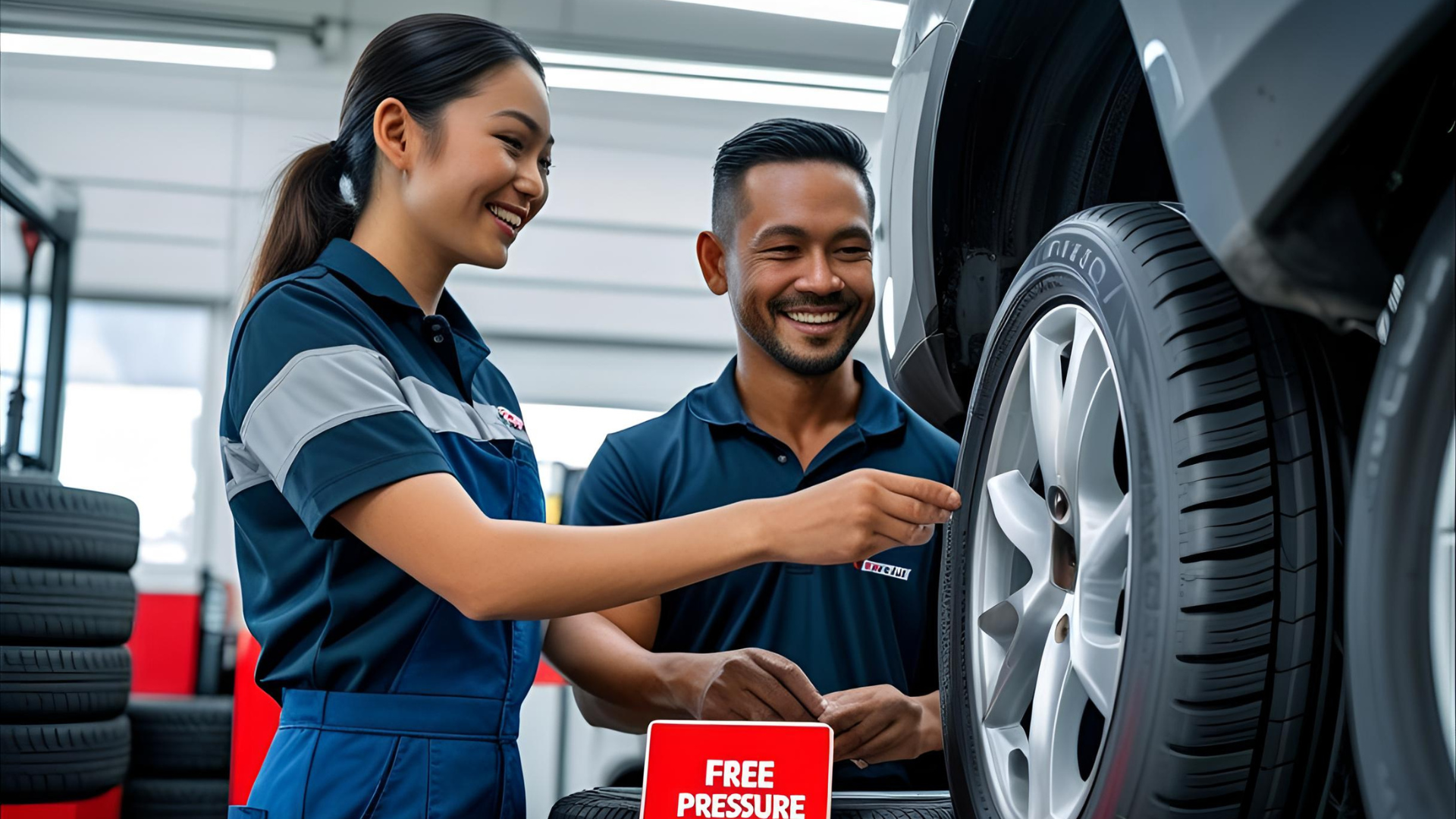 Mechanic in a clean tyre shop showing tyre options to a smiling customer with a “Free Pressure Check” sign in the background.