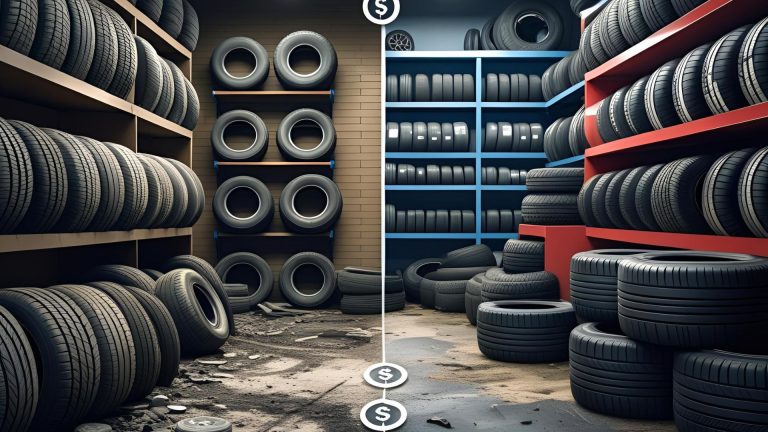 Visual showing how tyre shops lose money through poor stock management with dusty, unsold tyres and cluttered shelves.