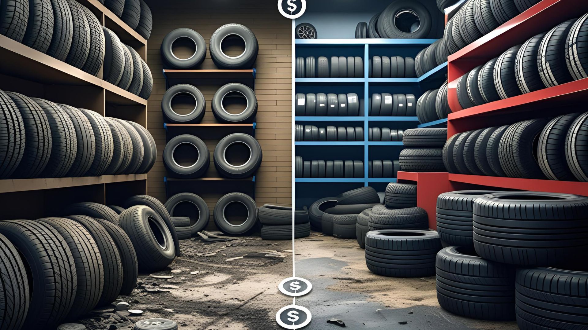 Visual showing how tyre shops lose money through poor stock management with dusty, unsold tyres and cluttered shelves.