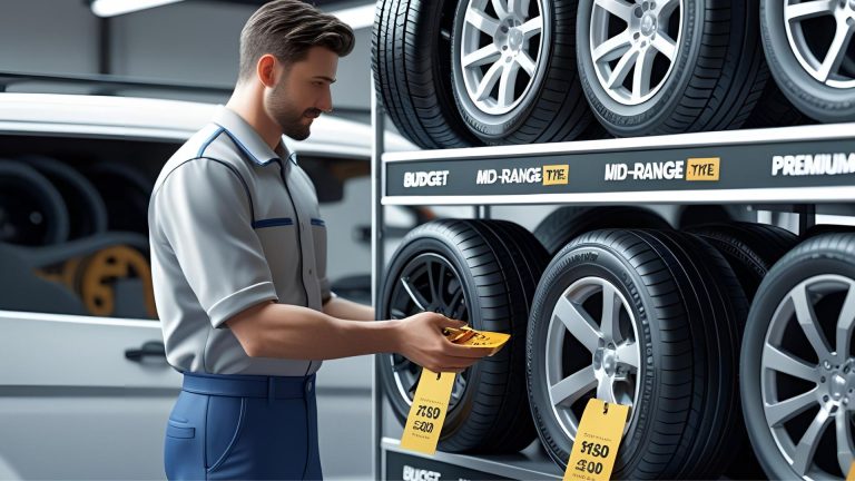 Tyre shop mechanic explaining Good-Better-Best tyre pricing to a satisfied customer, with budget, mid-range, and premium tyres displayed. Professional workshop setting with clear pricing tags, emphasizing fair profits and customer trust.