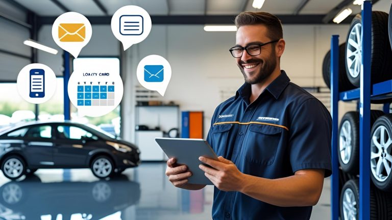 Tyre shop owner using a tablet with floating icons for phone, email, reminders, and loyalty cards, standing next to tyres in a clean workshop — concept of increasing tyre sales from existing customers.