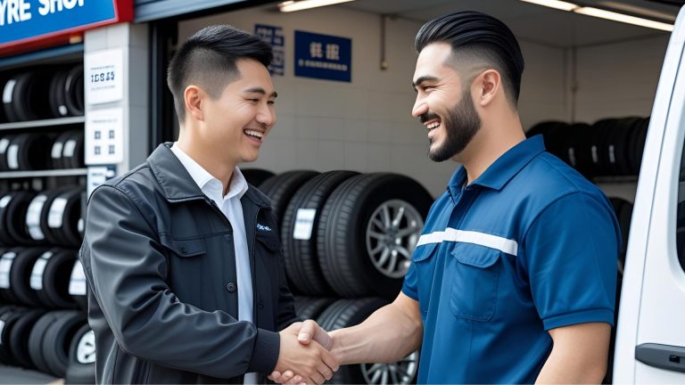 Mechanic shaking hands with a happy returning customer outside a tyre shop, with a mobile fitting van in the background and loyalty icons like stars and reminder calendar overlayed, representing tyre business customer retention.