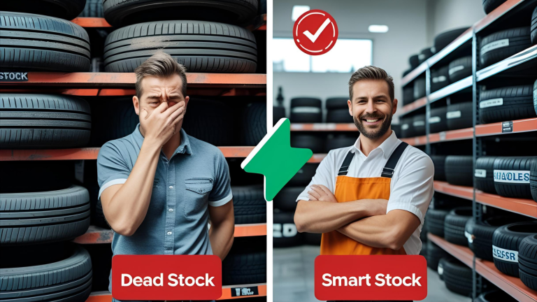 Tyre garage with dusty unused tyres labeled dead stock on one side and fast-selling, organized stock on the other side, with inventory checklist and calendar visuals