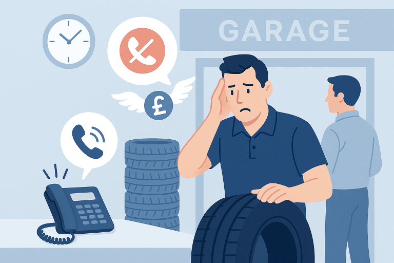 Frustrated tyre shop owner missing a call while working, with missed calls turning into lost money