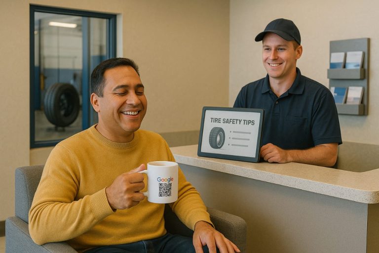 A customer sitting comfortably in a clean tyre shop waiting area, holding a cup of coffee with a QR code, while a screen displays tyre safety tips.