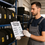 Mechanic checking profitable tyre sizes and margins on a clipboard inside a tyre shop