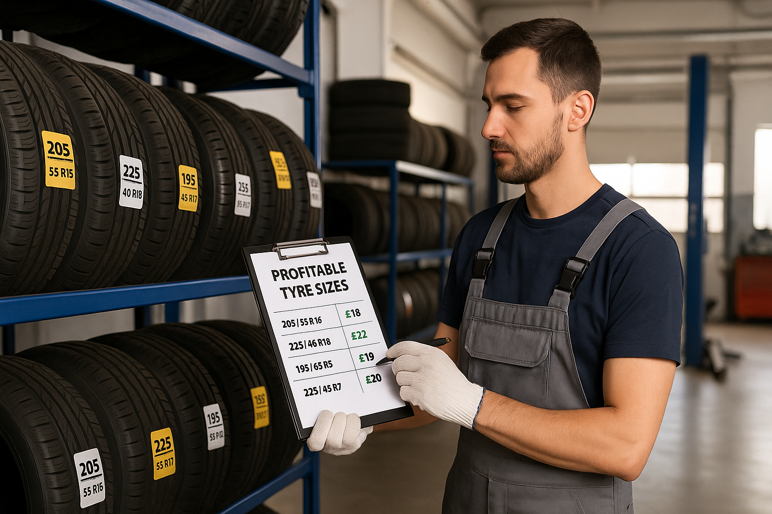 Mechanic checking profitable tyre sizes and margins on a clipboard inside a tyre shop