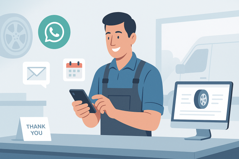 A smiling tyre shop technician standing at a tidy counter, sending a follow-up message on a smartphone, with icons for WhatsApp, email, and a calendar reminder floating around him.