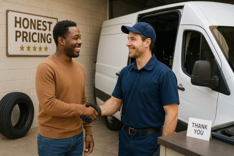 Happy customer shaking hands with a friendly tyre technician outside a mobile van or tidy garage, showing trust and satisfaction.