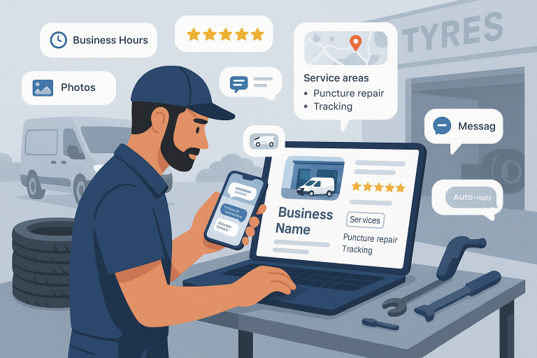 Flat-style illustration of a tyre shop owner viewing and updating their Google Business Profile on a laptop, showing services, business hours, reviews, and a message button.