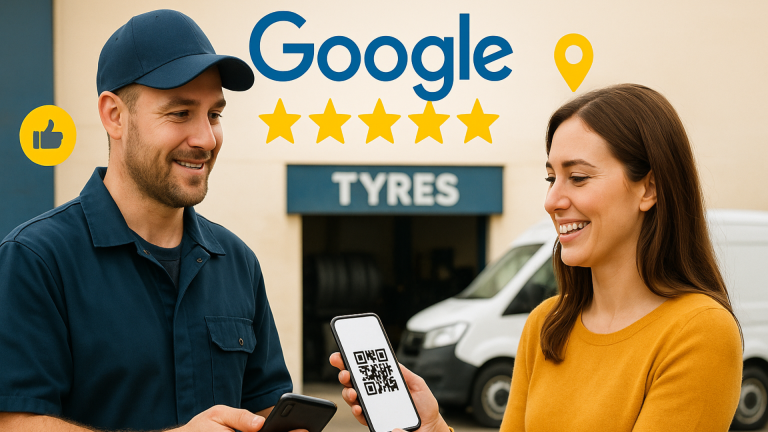 Tyre fitter handing QR code receipt to smiling customer with 5-star Google reviews overlay.