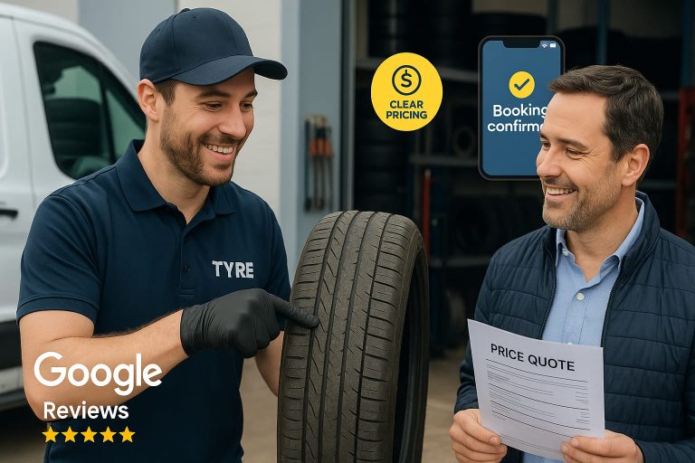 Tyre fitter showing worn tyre to customer, promoting tyre trade trust with clear pricing and professional service.