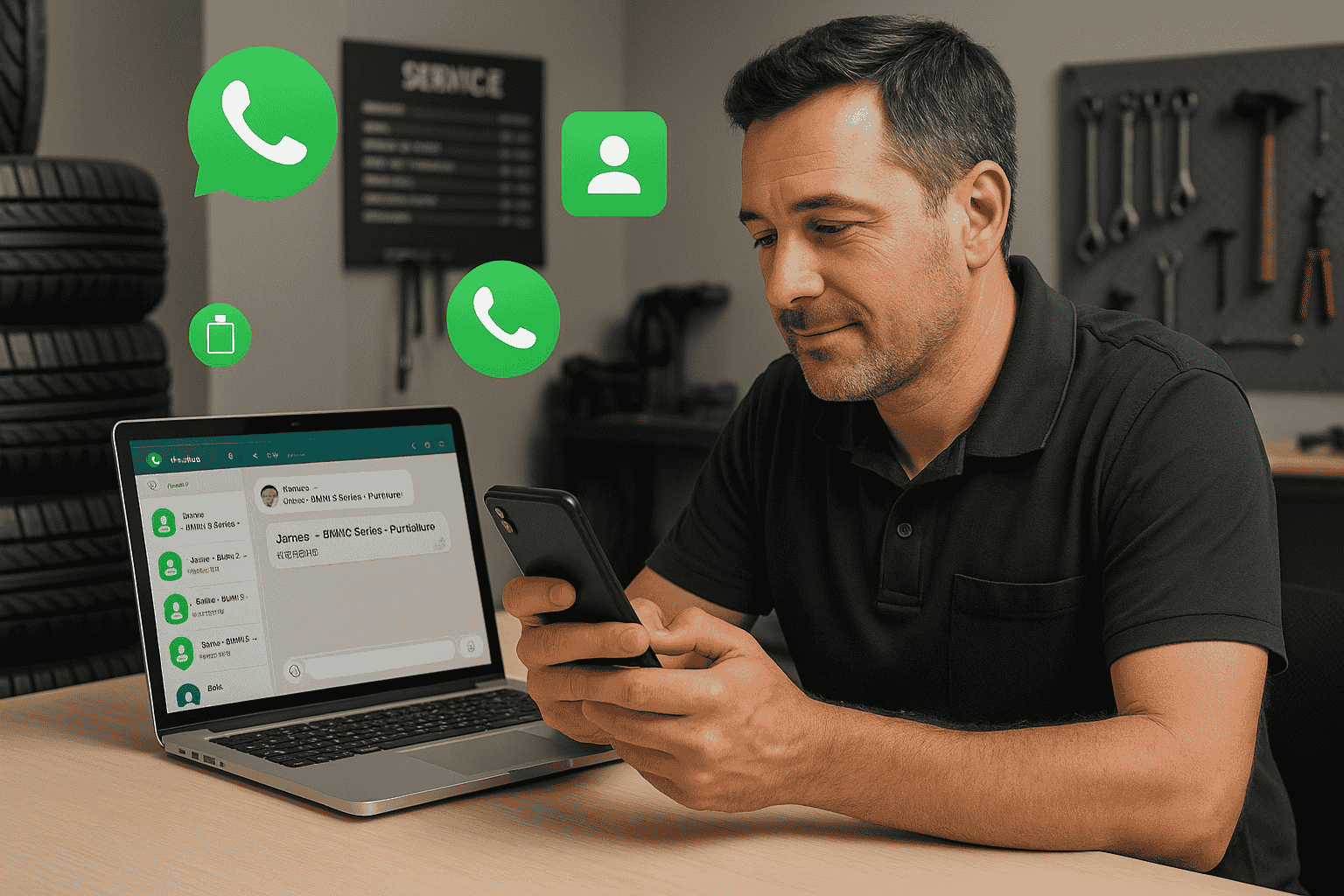 Tyre shop owner using WhatsApp on phone and laptop to build a customer contact list.