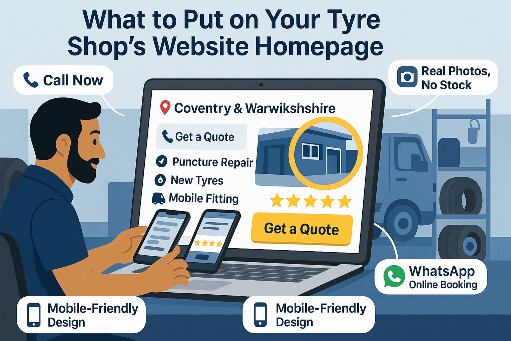 Illustration of a tyre shop owner viewing a well-designed tyre shop website homepage on a laptop and phone, featuring service list, reviews, and call-to-action buttons.