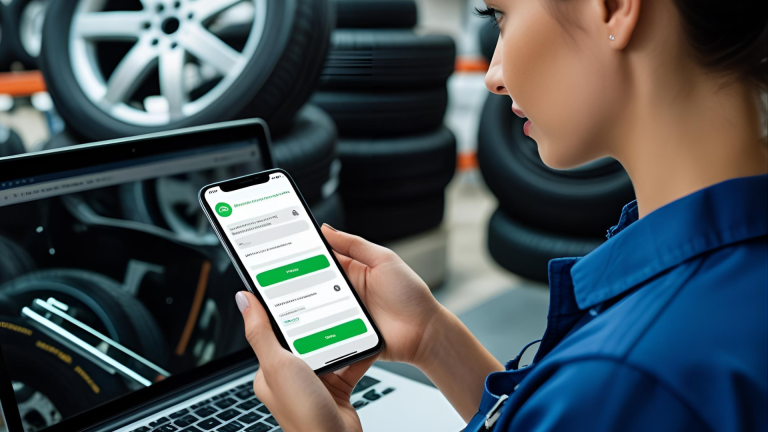 Illustration of a tyre shop owner using a smartphone to manage online bookings via WhatsApp and Google Forms, with floating elements highlighting features like "Book Tyre Fitting Online" and "No App Needed."