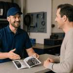 Tyre shop staff confidently helping a customer choose better tyres without being pushy