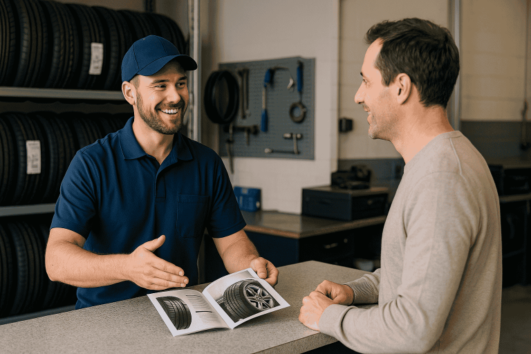 Tyre shop staff confidently helping a customer choose better tyres without being pushy