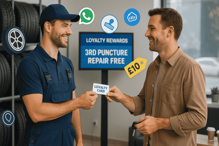 Mechanic giving a loyalty card to a smiling customer in a tyre shop as part of a tyre shop loyalty program.