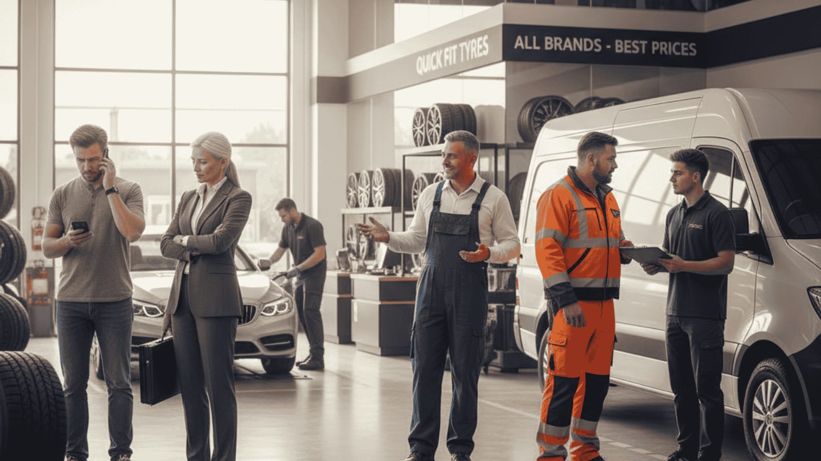 Four types of tyre shop customers — price-focused, convenience-focused, trust-focused, and trade — interacting with staff inside a modern garage.