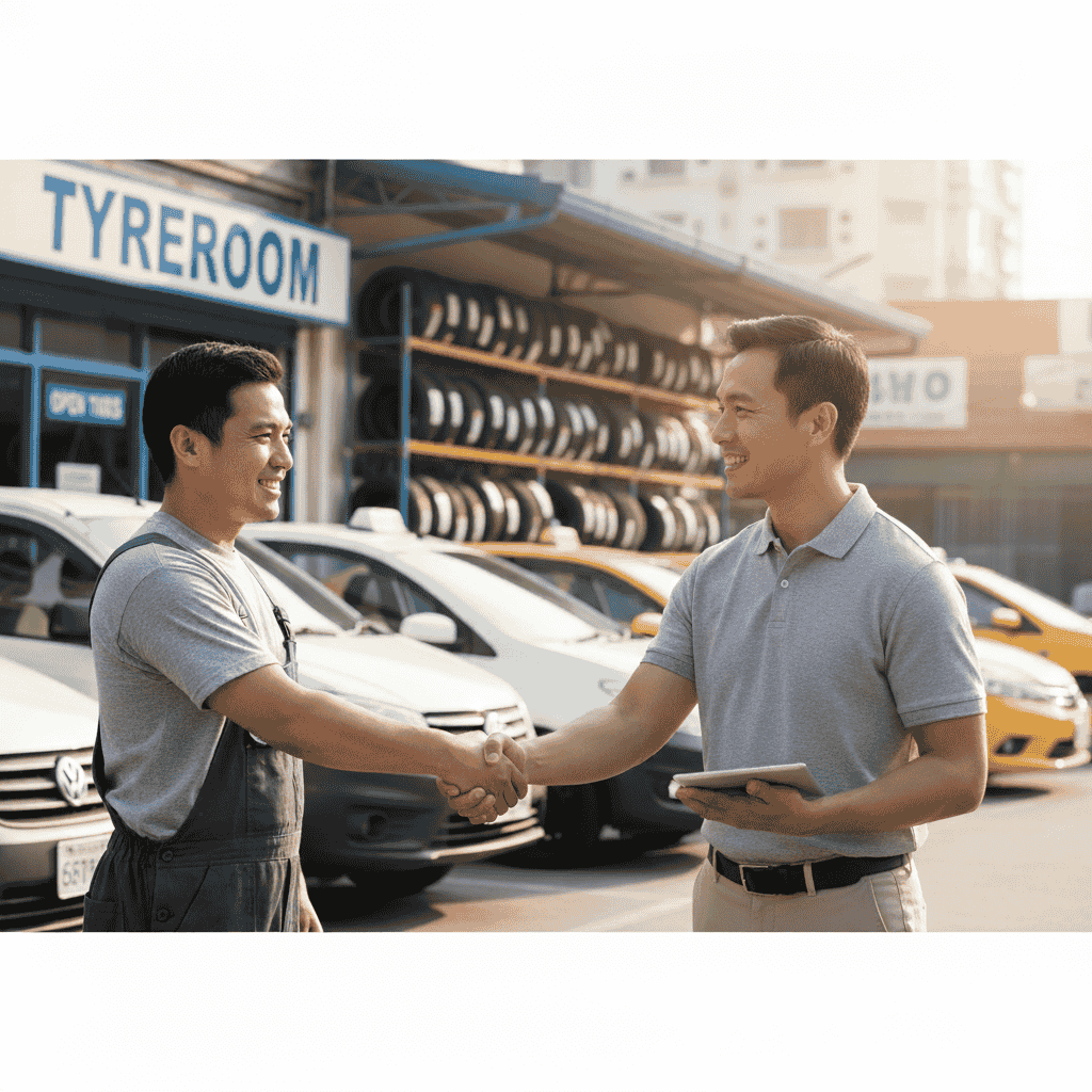 Small tyre shop owner shaking hands with a business owner in front of fleet vans, representing fleet and trade accounts.