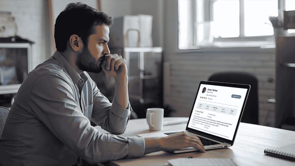Small business owner reading and responding to Google reviews on a laptop