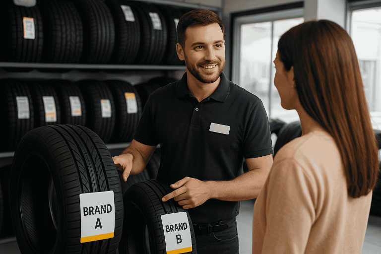 Tyre shop staff using tyre brand training to explain tyre options to a customer, showcasing garage training tips that build customer trust and support upsell strategy.