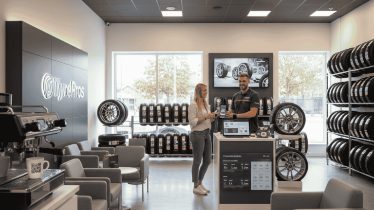 A modern tyre shop with a clean waiting area, mechanic in uniform, coffee cup with QR code, and tyre shop tips shown through customer-focused service.