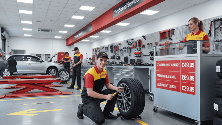 Mechanics in branded uniforms working inside a modern tyre garage, showing customer service and efficiency.