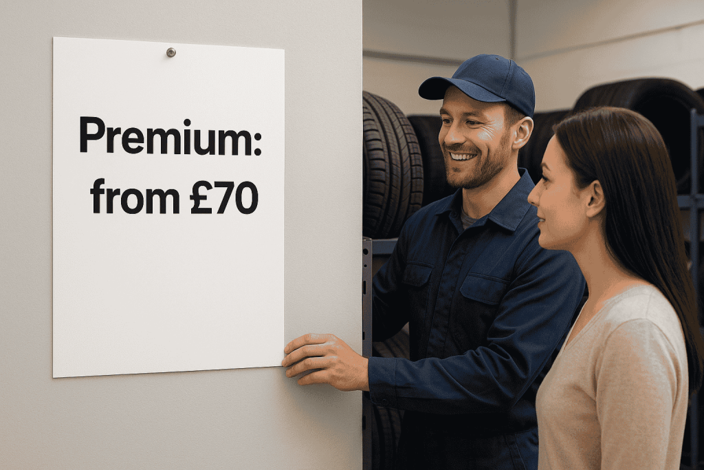 Mechanic and customer looking at a tyre price list poster in a clean tyre shop.