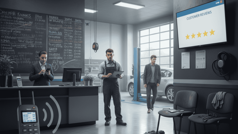 Realistic illustration showing tyre shop mistakes to avoid, including poor customer service, hidden pricing, messy workshop, no reviews, and lack of follow-up.