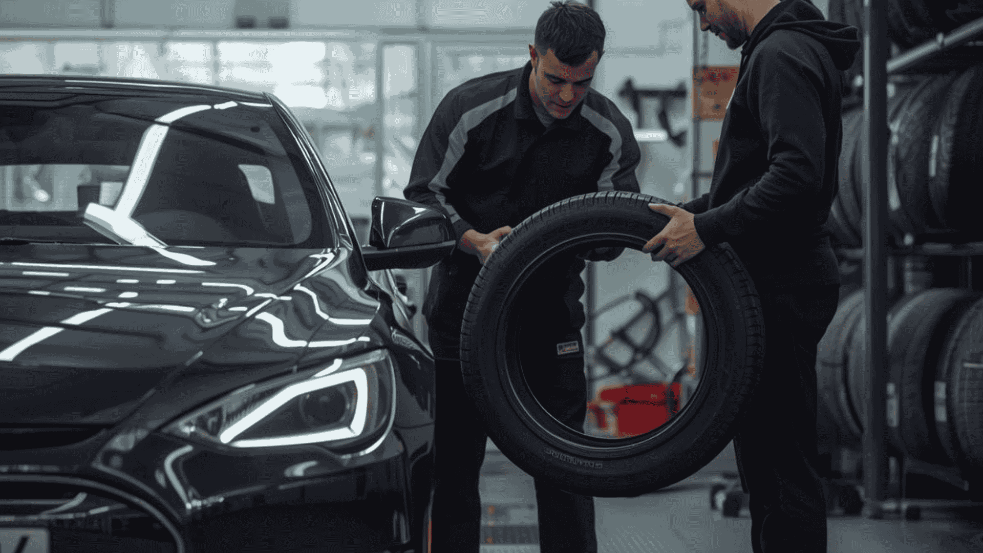Mechanic fitting tyres brought by a customer in a UK tyre shop
