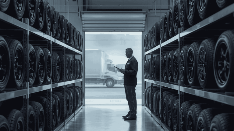 Mechanic checking tyre inventory in a garage to manage popular tyre sizes efficiently without overordering