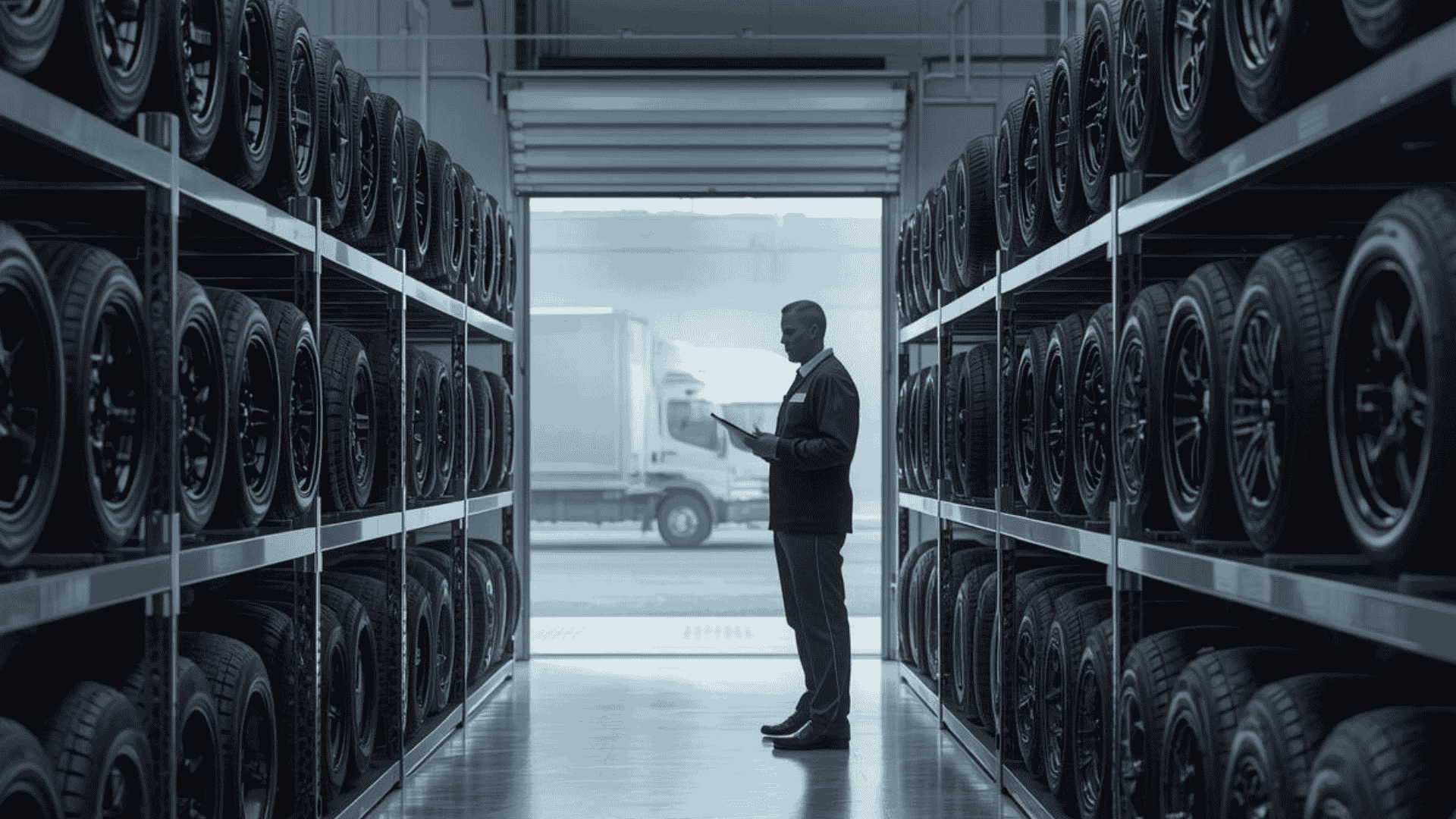 Mechanic checking tyre inventory in a garage to manage popular tyre sizes efficiently without overordering