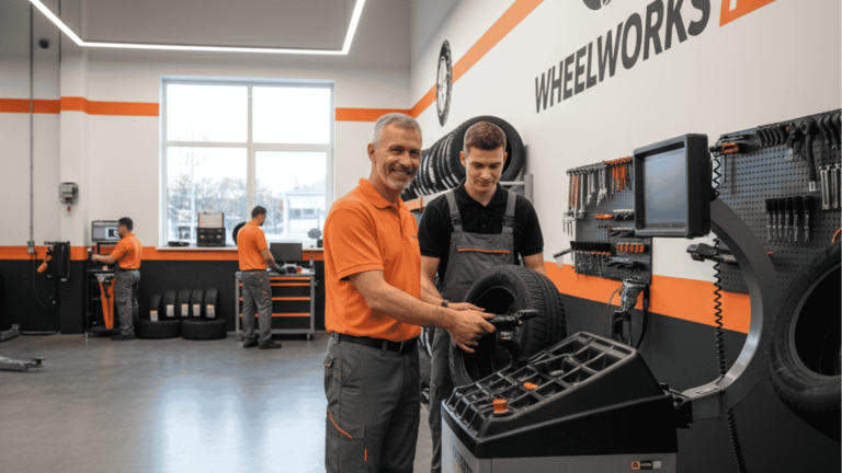 A tyre shop supervisor training a new employee on tyre fitting while other staff work efficiently in the background, showing teamwork and productivity.