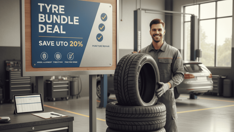 Mechanic organizing tyre bundles in a clean workshop, demonstrating profitable tyre bundle deals for garages and mobile fitters.