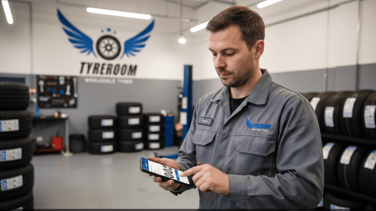 Mechanic ordering tyres on his smartphone using the Tyreroom App in a professional workshop setting.