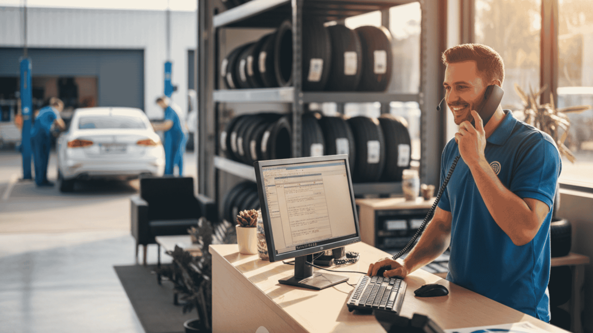 Tyre shop employee answering phone call professionally at service counter, demonstrating effective tyre shop phone answering script