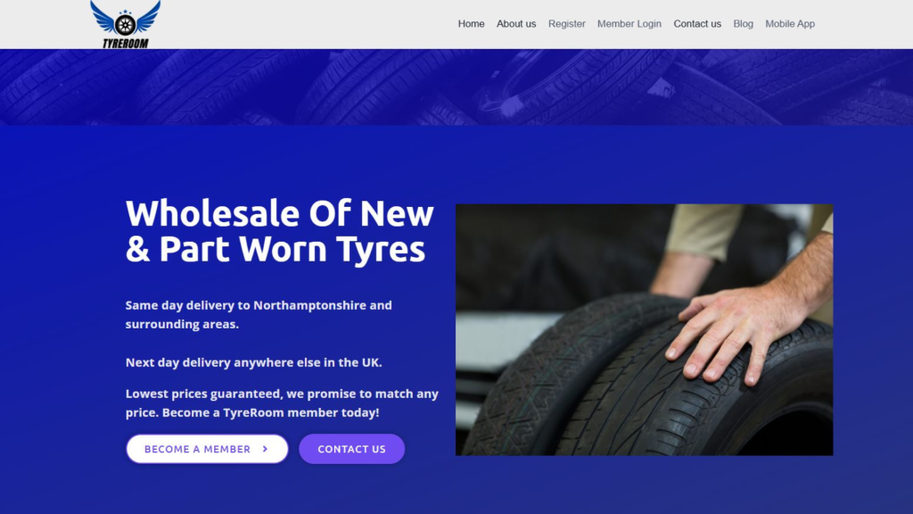 Realistic image of a modern tyre shop with mechanic, customer using smartphone, and digital icons representing phone number, reviews, and location on a website homepage.