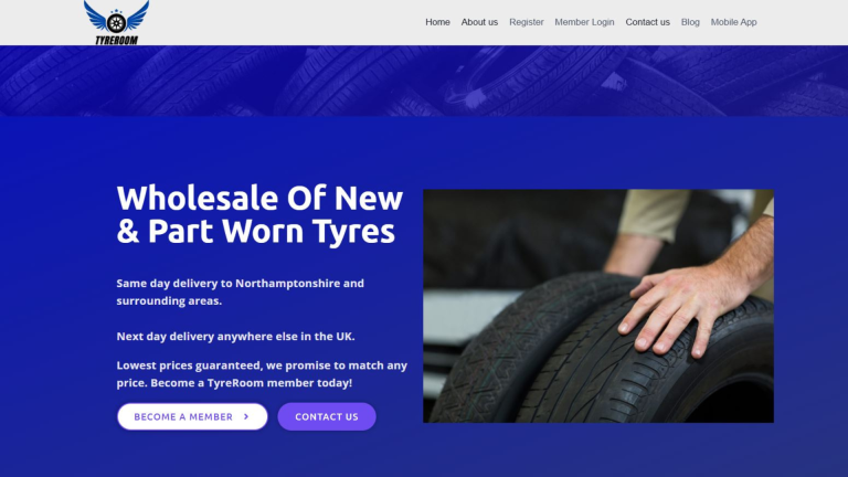 Realistic image of a modern tyre shop with mechanic, customer using smartphone, and digital icons representing phone number, reviews, and location on a website homepage.