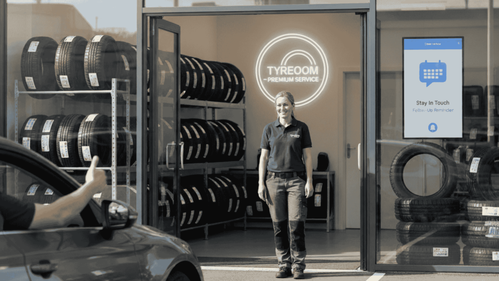 Tyre shop owner watching satisfied tyre customers drive away, representing customer retention and loyalty.