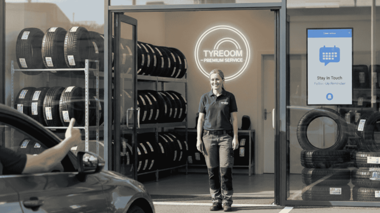 Tyre shop owner watching satisfied tyre customers drive away, representing customer retention and loyalty.