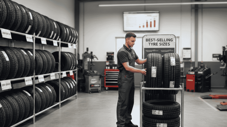 Organised tyre shop shelves displaying the best tyre sizes commonly kept in stock, with a mechanic selecting popular UK tyre sizes.
