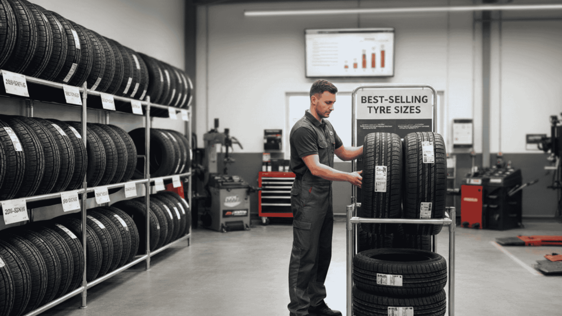 Organised tyre shop shelves displaying the best tyre sizes commonly kept in stock, with a mechanic selecting popular UK tyre sizes.