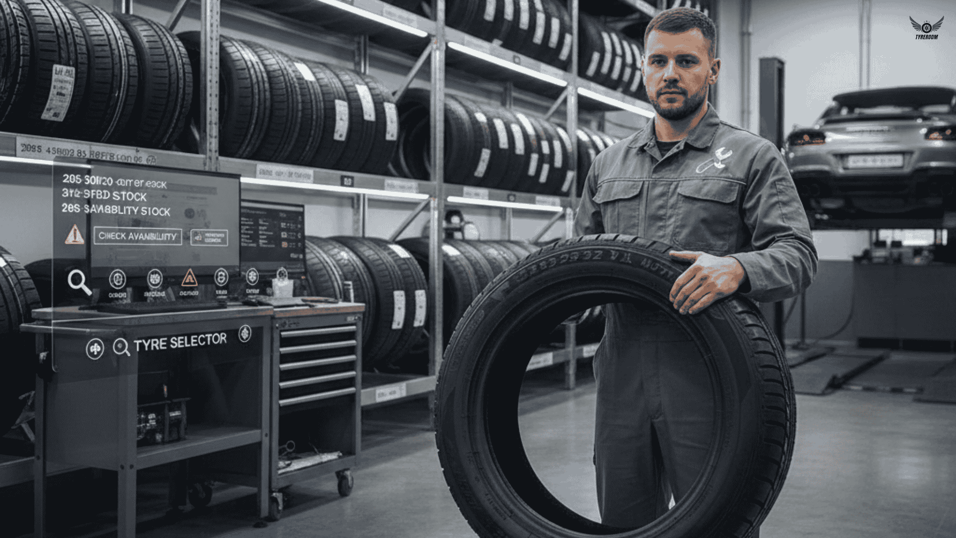 Mechanic checking a tyre with unusual specifications in a workshop, illustrating hard to find tyre sizes and limited availability.