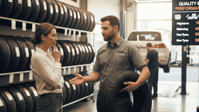 Tyre shop owner confidently talking to a customer about tyre options and value