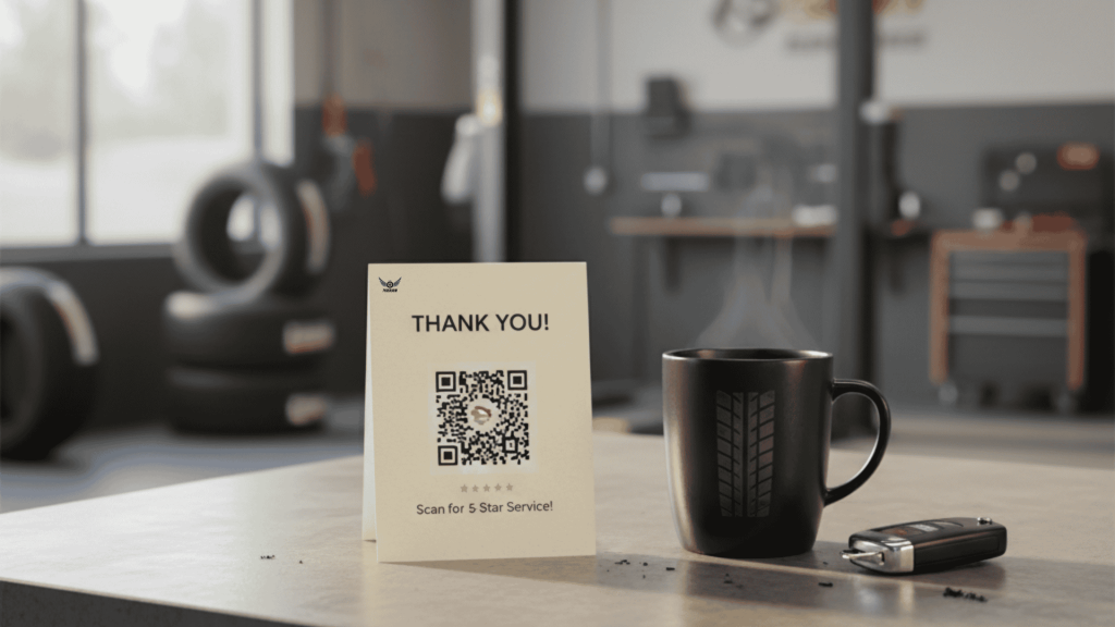 Tyre shop counter with thank-you card and Google review QR code showing how to get better tyre reviews
