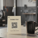 Tyre shop counter with thank-you card and Google review QR code showing how to get better tyre reviews