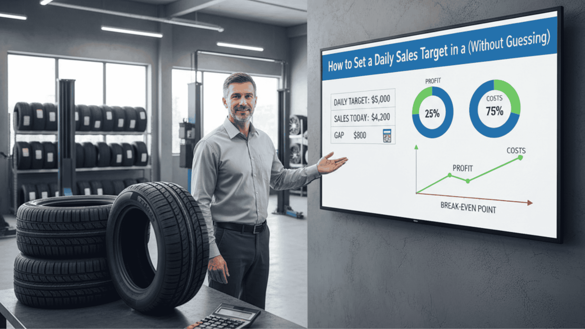 Tyre shop owner calculating daily sales target with profit chart and tyres in background.