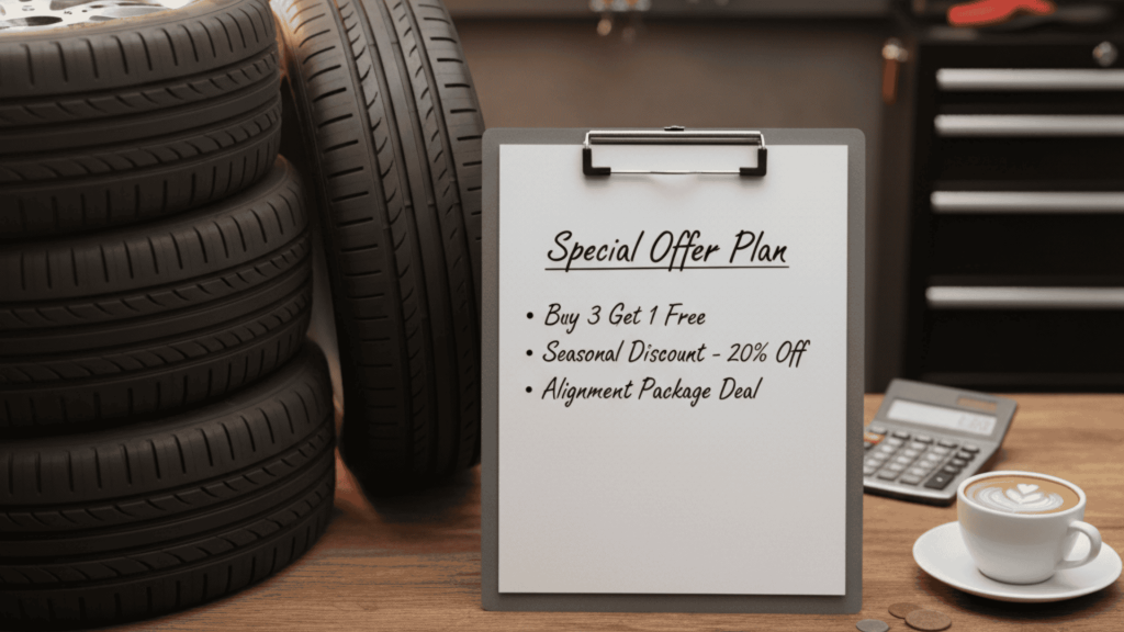 Tyre shop mechanic planning smart offers to increase sales and retain customers without reducing profit.