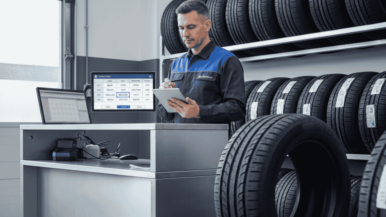 Mechanic checking saved tyre sizes on a tablet, showing the benefits of tyre size storage for faster tyre replacements.